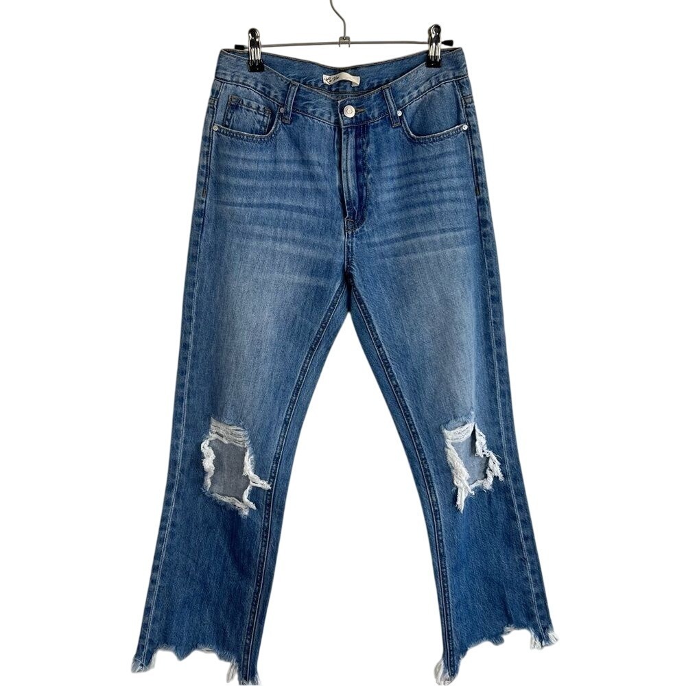 La'Ven Womens High Rise Distressed Straight Leg Jeans Medium Wash Raw Hem 28